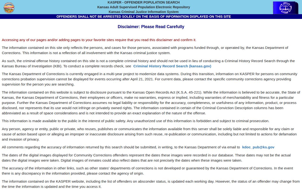 Kansas KASPER offender search form with public search fields